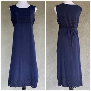 Erika Taylor Navy Linen Eyelet Midi Dress Medium